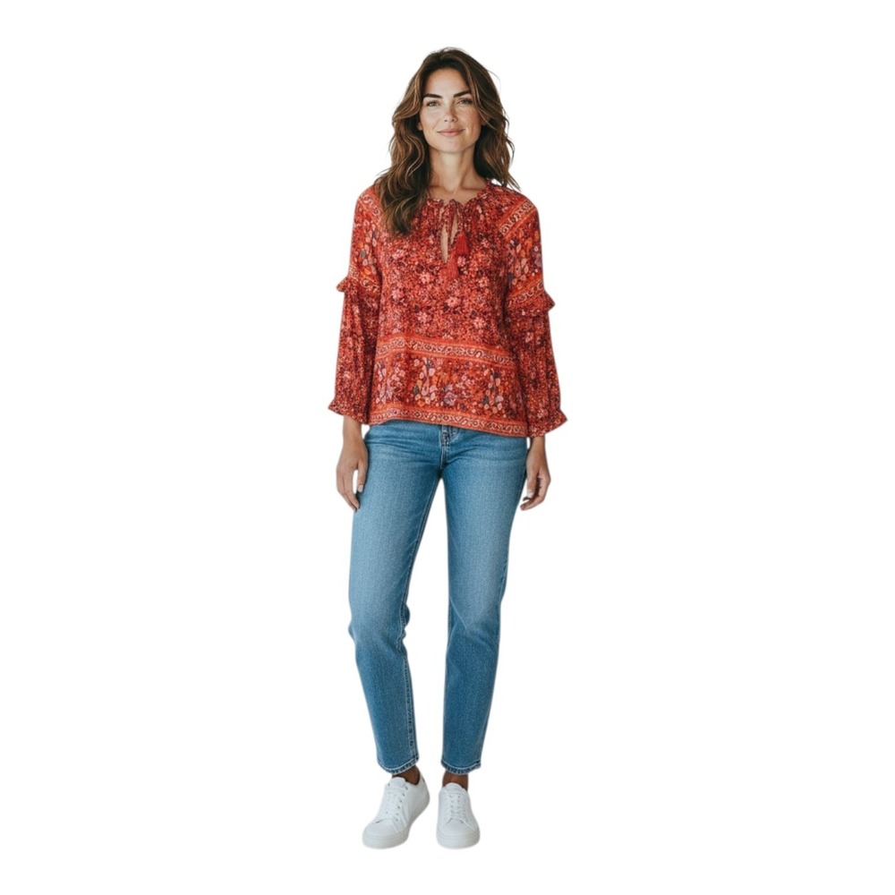 American Eagle Women's M Floral Paisley Print Boho Peasant‎ Tassel Ruffle Top